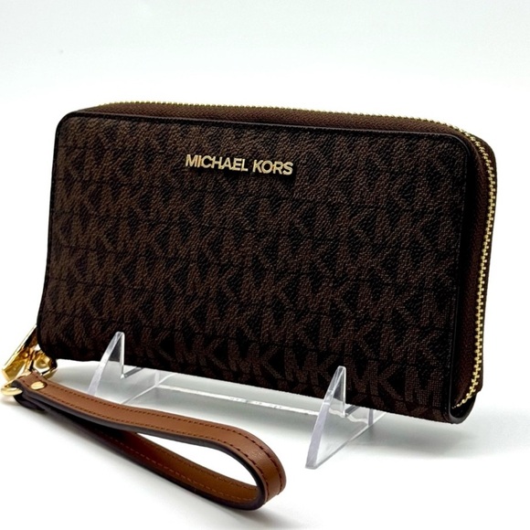 Michael Kors Large Jet Set Travel Flat Phone Case Wallet - Brown Signature - Picture 1 of 8